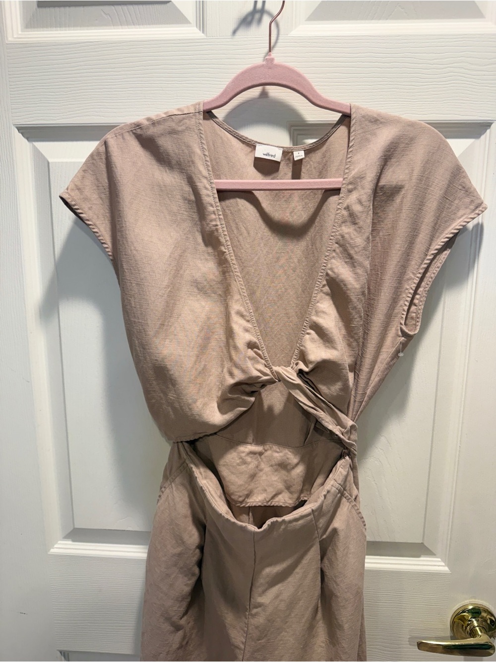 Wilfred by Aritzia Brax Linen Blend Wrap Jumpsuit Size 4 Beige Taupe Cutout Wide - Picture 3 of 10